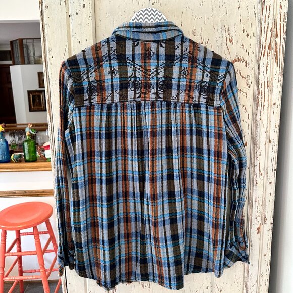 Free People Magical Plaid Embroidered Button Down Plaid Shirt - Blue and Brown - Picture 3 of 8